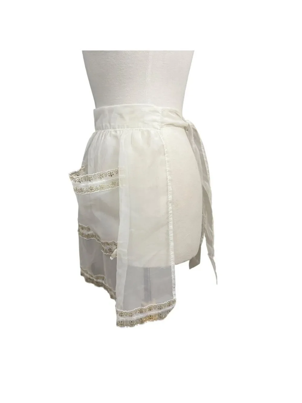 Vintage Handmade Apron One Size White with Gold Trim